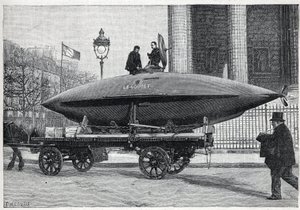 Undervandsbåden (ubåden) "" Le Goubet"", transporterer til eksperimenter, passerer Place de la Madeleine i Paris. Indgravering i ""La Nature"" af Unknown artist