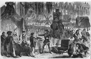 Fasanens ønske. Philip III Le Bon, hertug af Bourgogne (1396-1467) sluttede sig til kejseren af Konstantinopel den 17. februar 1454 til en banket på hotellet i Salle de Lille. Indgravering af det 19. århundrede. af Unknown artist