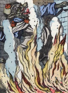 Ulven falder i skorstenens ild. Illustration af fortællingen "Compere le Loup, Maitre Renard, Comere la Chevre et ses petits biquets"" efter en fabel af Jean de la Fontaine. I “”Fortællinger fra hjemmet for de mindste””. Anonym gravering af th af Unknown artist