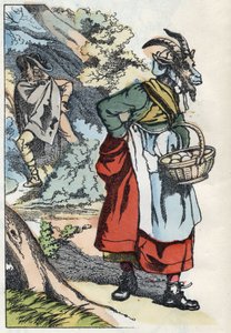 Ulven leder efter geden, der forlader sit hjem. Illustration af fortællingen "Compere le Loup, Maitre Renard, Comere la Chevre et ses petits biquets"" efter en fabel af Jean de la Fontaine. I “”Fortællinger fra hjemmet for de mindste””. Anonym gravering af Unknown artist