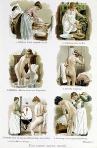 Kvinden, hjemmelæge: vand som helbredende middel. 1. Aluering af en syg person i sengen, 2. Alution ved brand, 3. Alution skiftevis i et badekar, 4. Regnbruser, 5. Bruser med et vandhanerør af et køkken, 6. Vanding i et lille interiør - i “ Kvinden, hjemme af Unknown artist