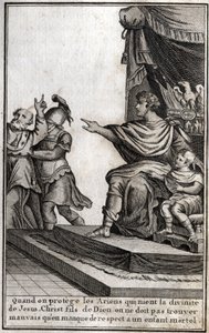 Theodosius I (Flavius Theodosius) (347-395), romersk kejser, fik Amphiloque, eveque af Icone, arresteret for manglende respekt for sin søn, Arcadius (377-408). Evequen erklærer "Når vi beskytter arianerne, der fornægter Jesu Kristi guddommelighed, Guds søn af Unknown artist