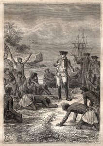 Tredje rejse (1776-1779) af kaptajn James Cook (1728-1779): Cook bliver budt velkommen af de indfødte (Hawaii) - illustration taget fra "The Great Mariners of the 18th century" af Unknown artist