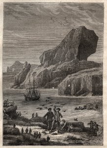 Tredje rejse (1776-1779) af kaptajn James Cook (1728-1779): øerne Kerguelen (Kerguelen-øgruppen, Antarktis) - illustration taget fra "" The Great Mariners of the 18th century"" af Unknown artist