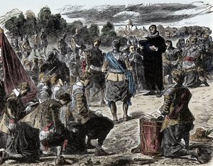 Trediveårskrig: Svenske til bøn før slaget ved Luetzen - Trediveårskrig (1618-1648): Kong Gustav II Adolphe af Sverige (1594-1632) og hans tropper samles til en religiøs fest før slaget ved Lutzen (1632) af Unknown artist