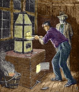 Thomas Edison eksperimenterer omkring 1879 med carbonpapir til glødelampen. af Unknown artist