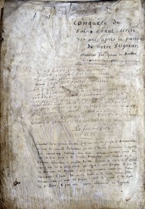 Titelblad på et manuskript: Erobring af Saint Gréal, skrevet 717 år efter vor herres lidenskab. Bibliotheque Municipale de Rennes, frk. 255 (Samling af romaner af det runde bord); Paris af Unknown artist