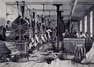Tobaksfabrik, vaskerum og tobaksrapage. Stik omkring 1867. Paris, Musee Carnavalet af Unknown artist