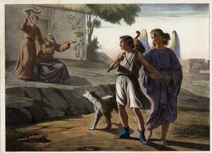 Tobies afgang ledsaget af englen (hans forældre hilser på ham, inklusive Tobit, hans far). Anonym stik fra midten af 1800-tallet. af Unknown artist