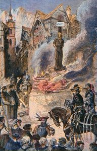 Tortur af Michel Servet i Genève (Michael Servetus) (Michel de Villeneuve) Spansk læge og teolog (1511-1553) - Le torice de Michel Servet (Miguel Serveto) (1511-1553) en Genève, spansk læge og teolog Gravering af Unknown artist
