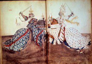 Turnering: Spil om den kaldende herre og sagsøgte herre (hertugen af Bretagne og hertugen af Bourbons ansigt). Manuskript "" Book of tournaments"" (Folio 32v - folio33) af Rene d