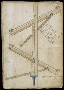 Tårnmålemaskine - Manuskript: pergamentark af en ingeniørmanual til opførelse af civile, religiøse og militære bygninger, anonym, slutningen af det 15. århundrede (figur med kinesisk blæk) af Unknown artist