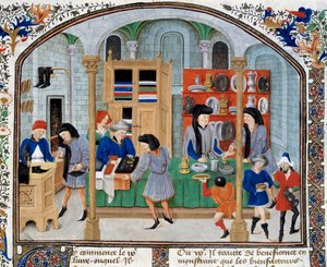 Handelsscene: købmænd i en butik præsenterer service og sølvtøj til deres kunder. Miniature taget fra en udgave af "Ethical, Political and Economic"" af den græske filosof Aristoteles (384-322 f.Kr.) af Unknown artist