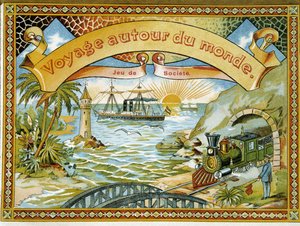 Tog, fyrtårn og båd, dækspil "" Journey around the world", a.n.d. 19. af Unknown artist