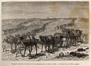 Transport af jernskibssektioner med kameler, i Nubiens ørken (Sudan), gravering, der illustrerer en væbnet ekspedition i Centralafrika, for at undertrykke den sorte handel af Unknown artist