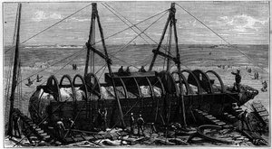 Transport af obelisken kendt som "Needle of Cleopatra" fra Egypten til England af Unknown artist