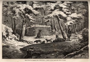 Rejsendes vinterhytte i den smukke eng (Canada), tilflugtssted for fangere og deres slæde. Gravering til illustration af rejsen fra Atlanterhavet til Stillehavet (route du nord ouest par les terres), i 1862-1864 af Viscount Milton og Doctor Cheadle, i af Unknown artist