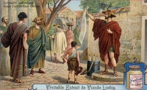 Rejsende boghandler i det antikke Grækenland. Kromolitografi, Liebig-billede. af Unknown artist