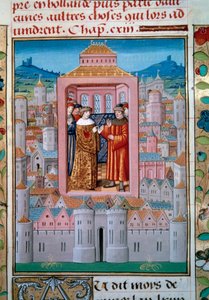 Conflans-traktat den 5/10/1465 mellem kong Louis XI og Charles de Charolais (senere Charles the Temeraire afsluttede oprøret mellem adelsmænd eller League of Public Good. Miniature fra "Les chronicles de Monstrelet" af Enguerrand de Monstrelet (1400-1453)  af Unknown artist