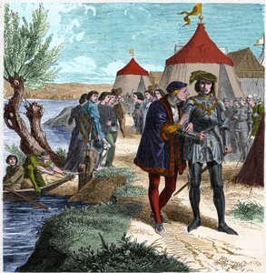 Conflans-traktat den 5/10/1465 mellem kongen af Frankrig Ludvig XI og Charles de Charolais (senere Charles the Temeraire), der afsluttede oprøret mellem adelsmænd eller League of Public Good. Indgravering i "" Histoire De France En Cent malerier af Paul Le af Unknown artist
