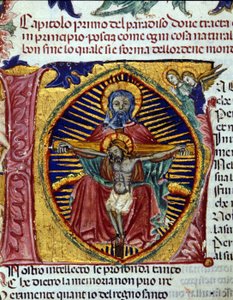 Treenighed (Helligåndens due ses i Faderens skæg). Codex oplyst af Unknown artist