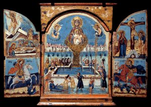 Jomfruens triptykon, kilde til liv Centralt panel: Jomfruen krydser en mirakuløs fontæne af vand. Til venstre, opstandelsen og aflejringen. Nedenfor en ridder (Saint George), der vælter en drage. Til højre, korsfæstelsen og et ridderordspil af Unknown artist