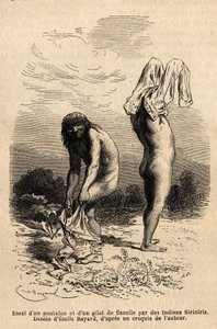 To Siriniris-indianere forsøger at overtrække bukser og vest, som et medlem af ekspeditionen havde lagt til tørre ved bredden af søerne ved foden af Mount Basiri (Peru). Engravure pour illustrrer le voyage dans les vallees de Quinquinas (Peru), af Paul Mar af Unknown artist