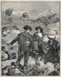 To bønder fra Sierra Almagrera i Spanien opdagede Jaroso sølvforekomsten i 1838. Indgravering fra 1885 i "" Les arts et metiers illustres"" af Adolphe BITARD. af Unknown artist