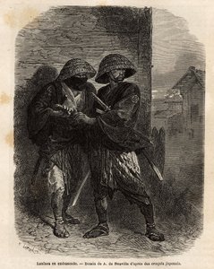 To roniner (samurai har mistet sin herre) stående i baghold. Indgravering til illustration af rejsen til Japan i 1863-1864 af Aime Humbert, minister for Det Schweiziske Forbund, i "" Le tour du monde, nouveau journal des voyages"" udgivet under ledelsen af Unknown artist