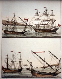 Typiske både for de barbariske pirater, - i "Det antikke og moderne kostume" "de Ferrario, Milano af Unknown artist