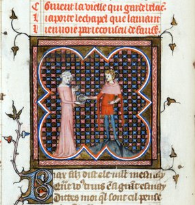 ""En ung mand og en gammel kvinde"" Oplyst side fra manuskriptet ""Le Roman de la Rose"" af Guillaume de Lorris (omkring 1200-1238) og Jean de Meun (Meung) (1240-1305) omkring 1353 Schweiz Genève bibliotek af Unknown artist