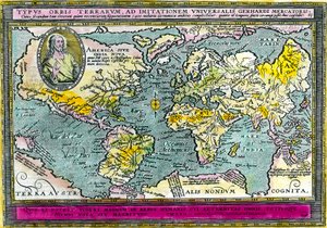 Universal Geographic Map (verdenskort) på 1596. Gravering. Privat samling. af Unknown artist