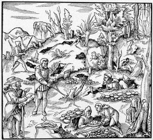 Brug af den magiske spand til at søge efter jordens skatte - i "The Book of Mines"" af Agricola af Unknown artist