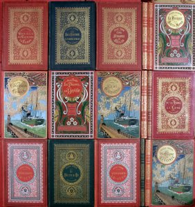 Forskellige forsider af Jules Vernes bøger udgivet i Hetzel-udgaver. Jules Verne bibliotekssamling. Paris. af Unknown artist