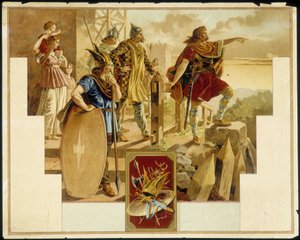 Vercingétorix omgivet af gallere, krigere, kvinder og børn - Chromolithography af Unknown artist