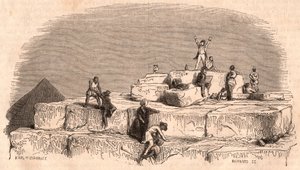 Udsigt fra toppen af den store pyramide i Khufu: en gruppe europæere, der ankommer til toppen hjulpet af egyptere af Unknown