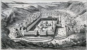 Udsigt over Mekka og dens store moské på tidspunktet for pilgrimmenes besøg - gravering fra det 19. århundrede af Unknown artist
