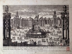 Udsigt over Place des Victoires i Paris med statuen af Louis XIV rejst af marechal de la Feuillade i 1686. Indgravering af det 17. århundredes Paris, Musee Carnavalet af Unknown artist
