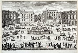 Udsigt over Place des Victoires i Paris med statuen af Louis XIV rejst af marechal de la Feuillade i 1686. Indgravering af det 17. århundredes Paris, Musee Carnavalet af Unknown artist