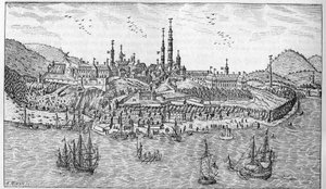 Udsigt over Quebec City i Canada (slutningen af det 17. århundrede): A. Jardin du fort. B. Fortet. C. Pulverlager. D. Les Recollets. E. Ursulines. F. Jesuiterne. G. Domkirken. H. Seminaret. I. Hotel Dieu. L. Almenhospital. Hr. L