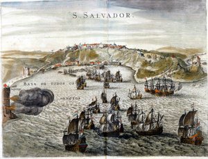 Udsigt over Salvador, tidligere kendt som Bahia, Brasiliens hovedstad i 1549, da det blev grundlagt - Indgravering af det 16. århundrede af Unknown artist