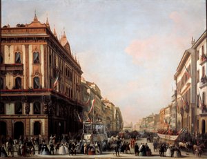 Udsigt over Venezia-gaden med karnevalsflyder, Milano (maleri af Unknown artist
