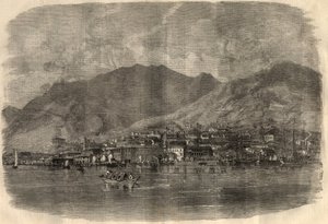Udsigt over Victoria City i Hong Kong. Indgravering i ""The Illustrated London News"" af 14. marts af Unknown artist