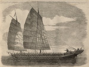 Udsigt over et kinesisk piratskib i Canton. Indgravering i ""The Illustrated London News"" af 31. januar af Unknown artist