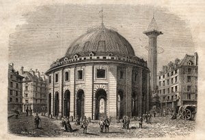 Udsigt over halle au ble i Paris (bygget i 1763-1769) og Medici-søjlen, gravering fra begyndelsen af det 19. århundrede - hvede- og majsudveksling i Paris (bygget i 1763-1769), gravering i begyndelsen af det 19. århundrede - Vue de la Halle au ble, placere af Unknown artist
