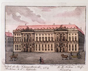 Udsigt over hotellet for kancelliet i Boheme og Østrig i Wien, Østrig. Stik fra 1815 Privatsamling af Unknown artist