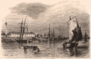 Udsigt over havnen i Lorient, Morbihan, Bretagne, Frankrig: sejlbåde og båd i forgrunden, havnebygninger og fyrtårn i baggrunden af Unknown