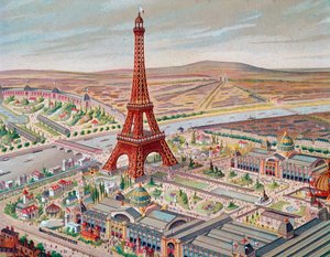 Udsigt over Verdensudstillingen med de forskellige pavilloner og Eiffeltårnet af Unknown artist