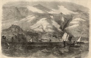 Udsigt over byen Funchal på øen Madere (Madeira) i Portugal. Indgravering i ""The Illustrated London News"" af 29. februar af Unknown artist