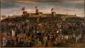 Udsigt over byen Milano, slottet Sforza (castello Sforzesco) og vogntrafikken Anonym maleri omkring 1660-1670 Milano, museo di Milano af Unknown artist
